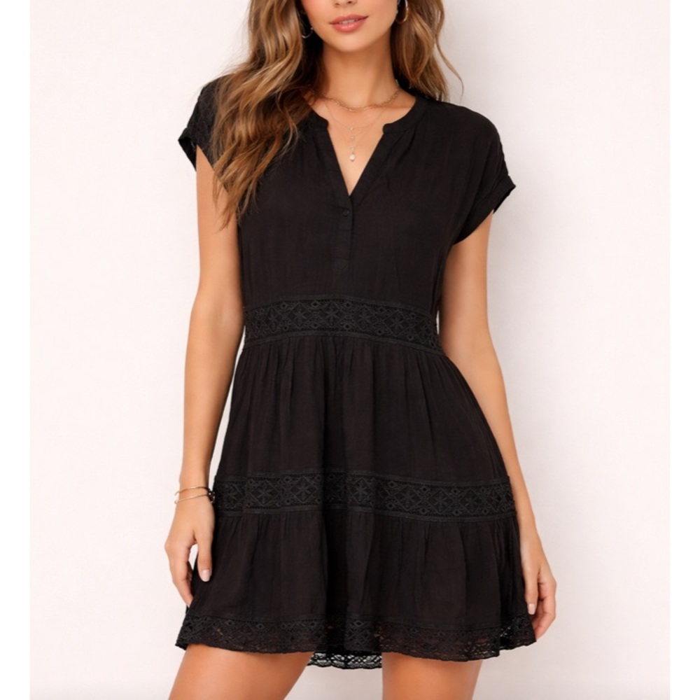Gibsonlook Black Lace-Trim V-Neck Tunic Dress Womens M Tiered